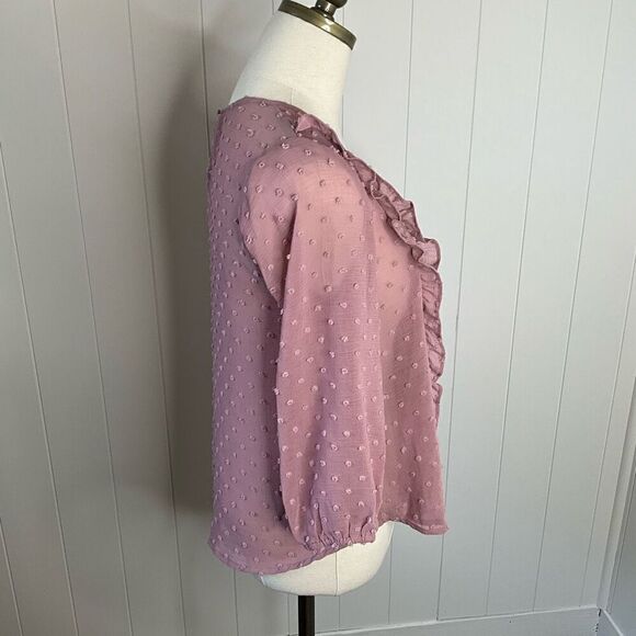 EM Womens Size Small Pullover Blouse Pink Dots Textured Ruffles Long Sleeves - Picture 5 of 14